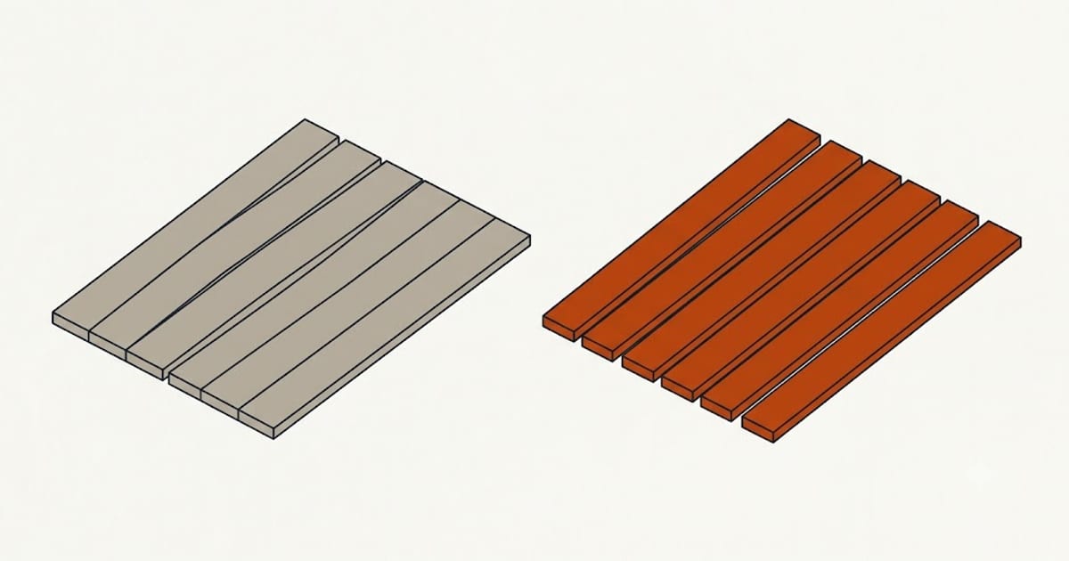 Board gaps shown for wet lumber and for composite decking