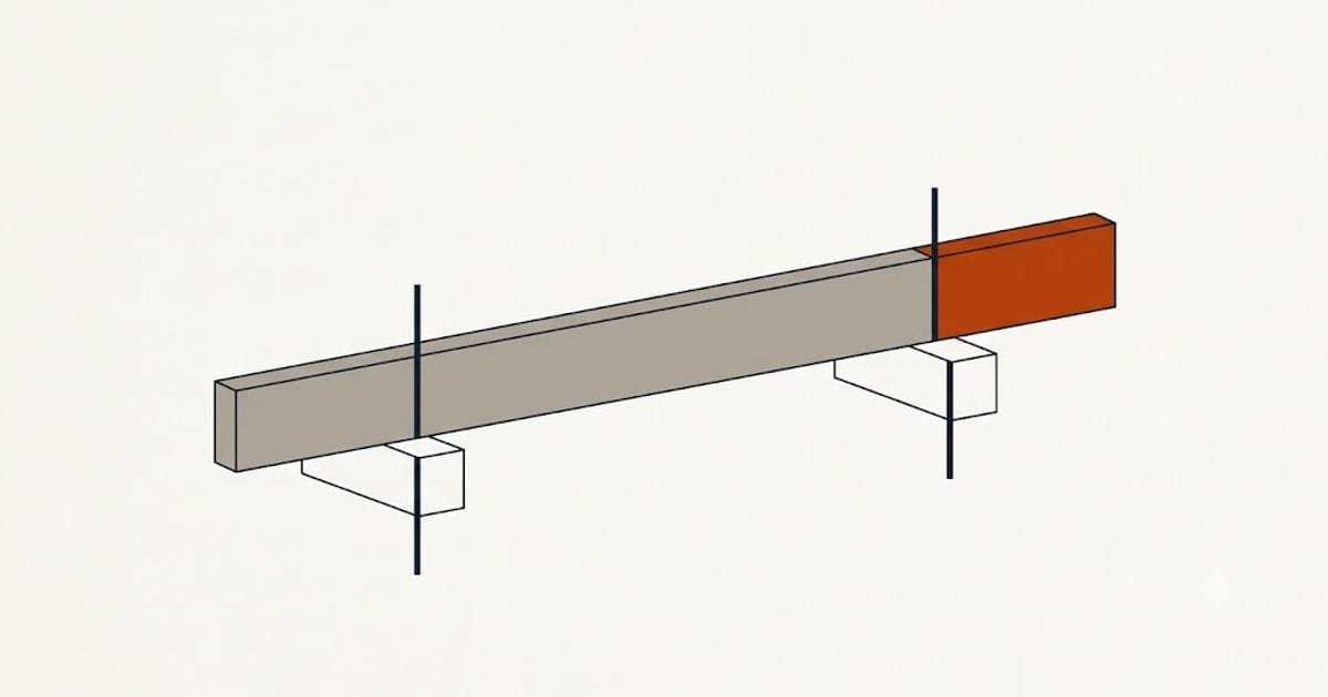A joist backspan with the permitted overhang marked beyond the beam