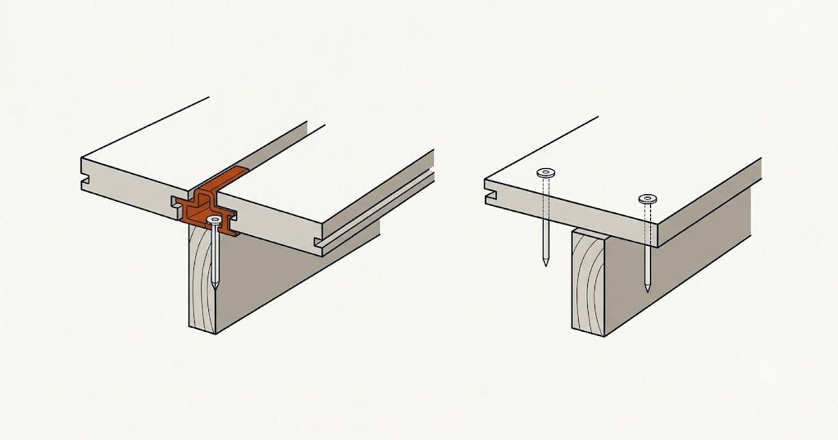 A clip between two grooved boards against a screw through the face