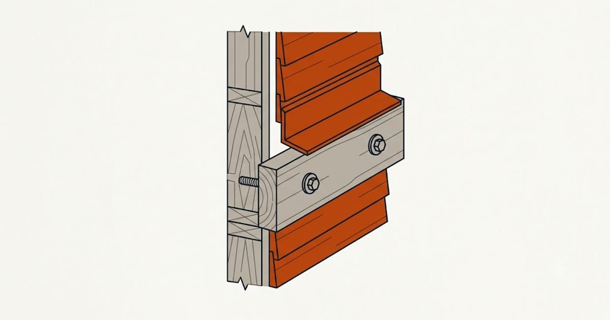 A ledger bolted to the house rim joist with flashing above it